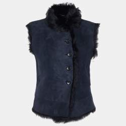 Joseph Vintage Navy Blue Leather & Fur Lined Sleeveless Jacket L
