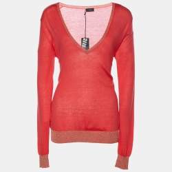 Joseph Pink Cashmere Knit Lurex Detail V-Neck Sweater L