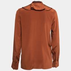 Pre Owned Joseph Brown Silk Ruffle Detail Button Front Full Sleeve Shirt S