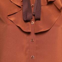 Pre Owned Joseph Brown Silk Ruffle Detail Button Front Full Sleeve Shirt S
