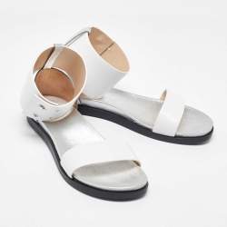 Joseph White/Silver Leather Ankle Strap Flat Sandals Size 39