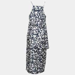 Josh Goot Navy Blue and White Printed Silk Side Bustle Dress XS 