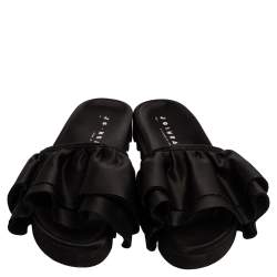 Joshua Sanders Black Satin Ruffle Slide Sandals Size 39