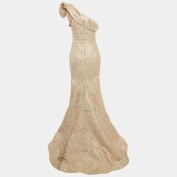 Jovani Beige Lurex Jacquard Ruffled One-shoulder Gown M