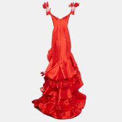 Jovani Red Satin Crepe Feather Trim Off Shoulder Ruffled Gown S