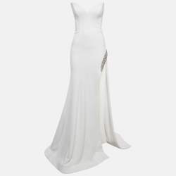 Jovani White Jersey Crystal Embellished Jersey Detachable Cape Sleeve Gown S