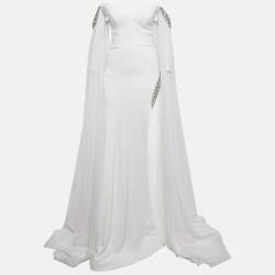Jovani White Jersey Crystal Embellished Jersey Detachable Cape Sleeve Gown S