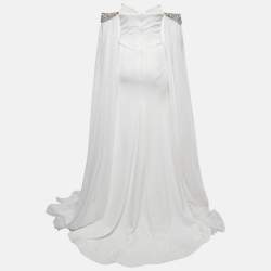 Jovani White Jersey Crystal Embellished Jersey Detachable Cape Sleeve Gown S