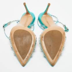 Pre Owned Jéssamiro Transparent/Metallic Blue Leather and PVC Crystal Embellished Ankle Wrap Sandals Size 39