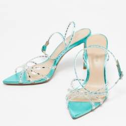 Pre Owned Jéssamiro Transparent/Metallic Blue Leather and PVC Crystal Embellished Ankle Wrap Sandals Size 39