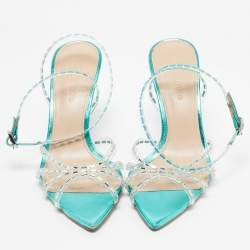 Pre Owned Jéssamiro Transparent/Metallic Blue Leather and PVC Crystal Embellished Ankle Wrap Sandals Size 39