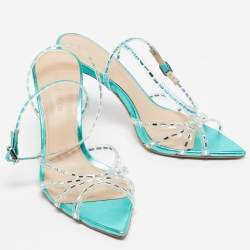 Pre Owned Jéssamiro Transparent/Metallic Blue Leather and PVC Crystal Embellished Ankle Wrap Sandals Size 39