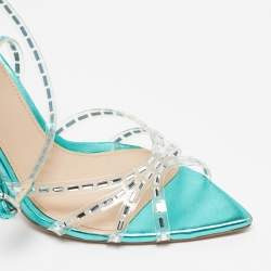 Pre Owned Jéssamiro Transparent/Metallic Blue Leather and PVC Crystal Embellished Ankle Wrap Sandals Size 39