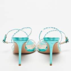 Pre Owned Jéssamiro Transparent/Metallic Blue Leather and PVC Crystal Embellished Ankle Wrap Sandals Size 39