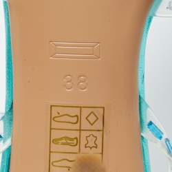 Pre Owned Jéssamiro Transparent/Metallic Blue Leather and PVC Crystal Embellished Ankle Wrap Sandals Size 39