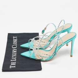 Pre Owned Jéssamiro Transparent/Metallic Blue Leather and PVC Crystal Embellished Ankle Wrap Sandals Size 39