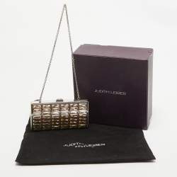 Judith Leiber Silver/Beige Satin and Metal Crystal Goddess Chain Clutch