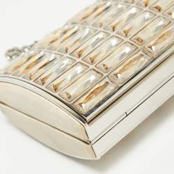 Judith Leiber Silver/Beige Satin and Metal Crystal Goddess Chain Clutch