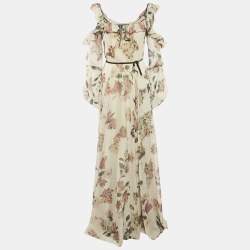 JULEA DOMANI Beige Floral Print Crepe Cold Shoulder Maxi Dress M