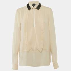 Pre Owned Just Cavalli Cream Crepe Pleated Ruffle Sheer Blouse M
