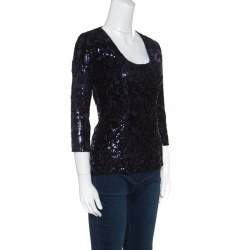 Pre Owned Just Cavalli Purple and Black Flocked Embellished Long Sleeve Top S