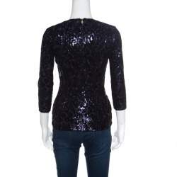 Pre Owned Just Cavalli Purple and Black Flocked Embellished Long Sleeve Top S