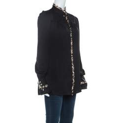 Pre Owned Just Cavalli Black Satin and Leopard Pleated Trim Button Front Blouse M