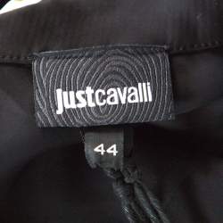 Pre Owned Just Cavalli Black Satin and Leopard Pleated Trim Button Front Blouse M