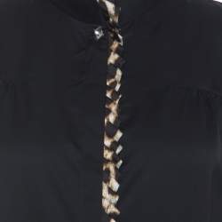Pre Owned Just Cavalli Black Satin and Leopard Pleated Trim Button Front Blouse M