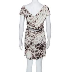 Pre Owned Just Cavalli Beige Printed Knit & Brown Mesh Paneled Ruched Mini Dress L