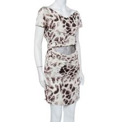 Pre Owned Just Cavalli Beige Printed Knit & Brown Mesh Paneled Ruched Mini Dress L