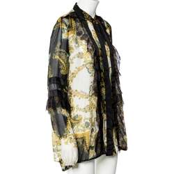 Pre Owned Just Cavalli Black Printed Silk Lace Trim Button Up Blouse L