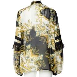 Pre Owned Just Cavalli Black Printed Silk Lace Trim Button Up Blouse L