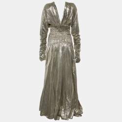 Just Cavalli Pale Gold Lamé Smocked Waist Detail Gown L