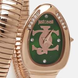 Pre Owned Just Cavalli Green Rose Gold Tone Stainless Steel Snake JC1L228M0055 Women's Wristwatch 22 mm