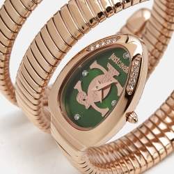 Pre Owned Just Cavalli Green Rose Gold Tone Stainless Steel Snake JC1L228M0055 Women's Wristwatch 22 mm
