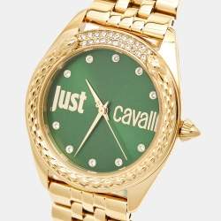 Pre Owned Just Cavalli Brillante JC1L195M0075 Green Dial Gold Tone Stainless Steel Crystal Women's Wristwatch Set 34 mm