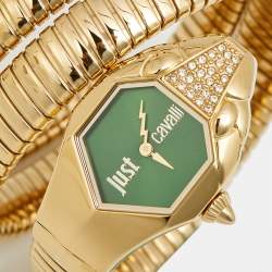 Pre Owned Just Cavalli Glam Chic 1L022 Green Dial Yellow Gold Plated Stainless Steel Women's Wristwatch 22 mm