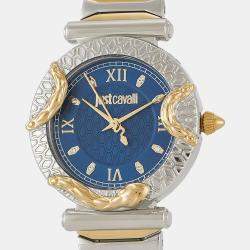 Just Cavalli Blue Two-Tone Stainless Steel Crystal Embellished Classic JC1L234M0095 Women's Wristwatch 32 mm