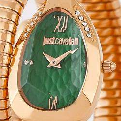Pre Owned Just Cavalli Green Gold Plated Stainless Steel Crystal Embellished Signature Snake Glam Evo 9 JC1L224M0055 Women's Wristwatch 22 mm