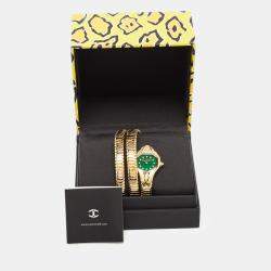 Pre Owned Just Cavalli Green Gold Plated Stainless Steel Crystal Embellished Signature Snake Glam Evo 7 JC1L193M0035 Women's Wristwatch 22 mm