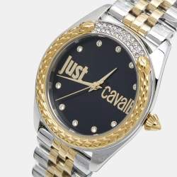 Pre Owned Just Cavalli Black Tw0-Tone Stainless Steel Crystal Brillante JC1L195M0105 Women's Wristwatch 34 mm