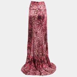 Just Cavalli Pink Abstract Print Satin Pleated Maxi Skirt M