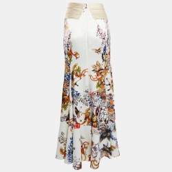 Pre Owned Just Cavalli Cream Floral Print Satin Flared Maxi Skirt L