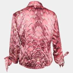 Pre Owned Just Cavalli Pink Abstract Print Satin Tie-up Sleeve Shirt L