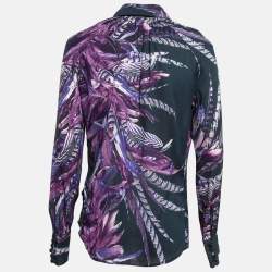 Pre Owned Just Cavalli Navy Blue Feather Printed Silk Neck-Tie Top M