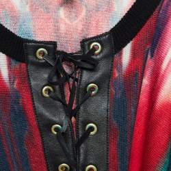 Pre Owned Just Cavalli Navy Blue Printed Knit Fringed Lace-Up Poncho Top M