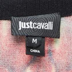 Pre Owned Just Cavalli Navy Blue Printed Knit Fringed Lace-Up Poncho Top M