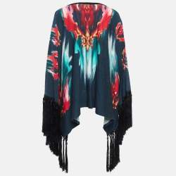 Pre Owned Just Cavalli Navy Blue Printed Knit Fringed Lace-Up Poncho Top M