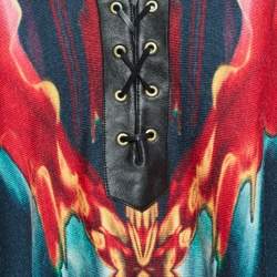 Pre Owned Just Cavalli Navy Blue Printed Knit Fringed Lace-Up Poncho Top M